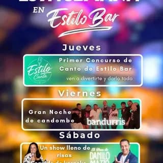 🎤 ¡Semana a pura música, diversión y buena energía en Estilo Bar! 🍻✨

🔸 JUEVES

Arranca el primer Concurso de Canto de Estilo Bar 🎶
Acompañado de Lety!!
Vení a cantar, disfrutar y pasar una noche diferente llena de karaoke, risas y buena onda 🎙️

🔸 VIERNES

Llega Bandurris con rueda de tambores 🥁🔥
Mucho candombe, música y ritmo para vivir una noche espectacular.

🔸 SÁBADO

El gran show de Danilo Mazzo 😂🎭
Una noche de mucha risa y diversión desde las 21 hs. 
¡¡Seguido de momento de karaoke con la reina de Lety!!

📞 Reservas: 099 509 330
📍Dr.Edye esquina Dodera – Maldonado

✨ Te esperamos en Estilo Bar ✨